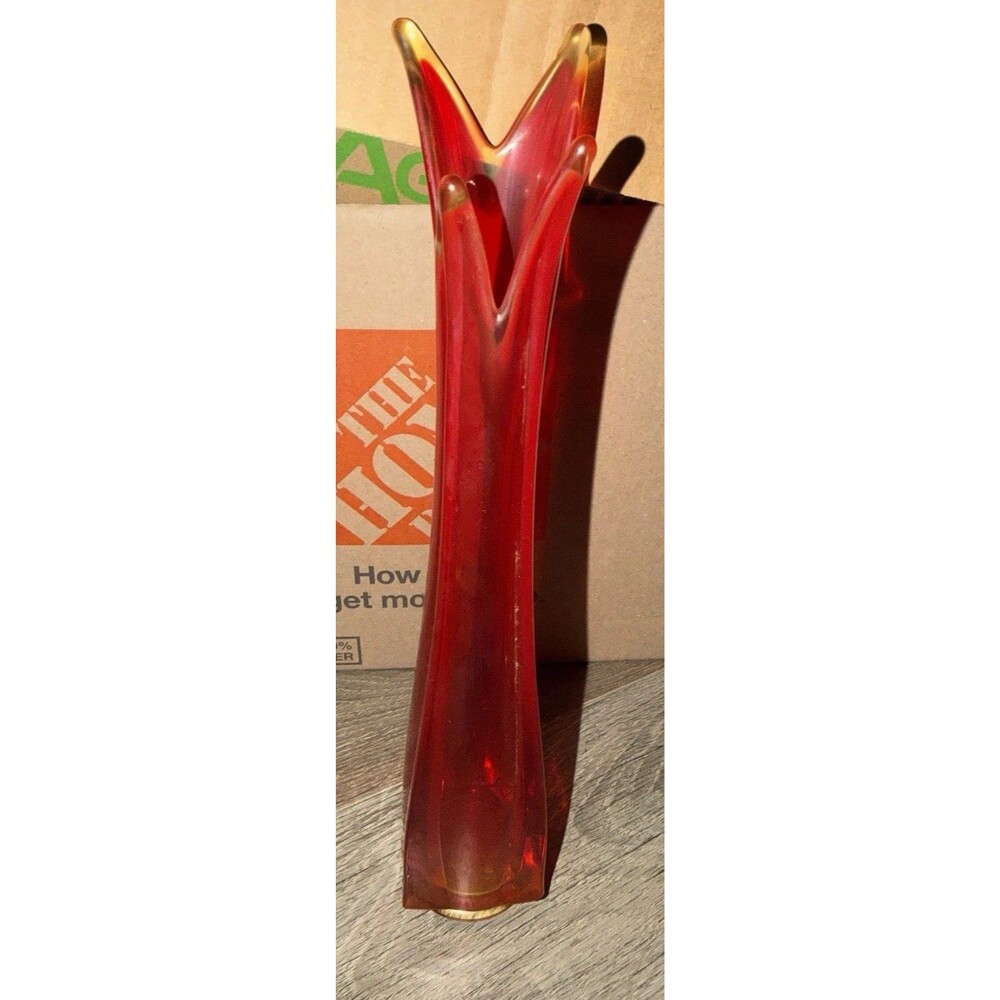 MidCentury Modern Amberina Tangerine Swung Glass Vase UV Blacklight Reactive